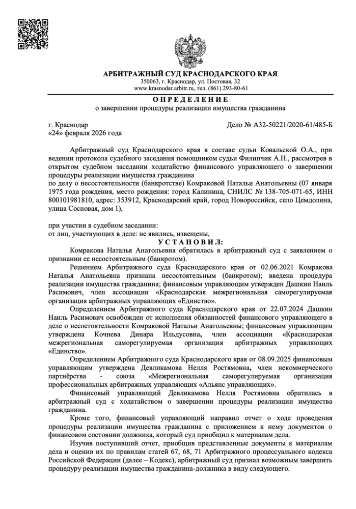 Определение арбитражного суда о списании долгов по делу А32-50221/2020